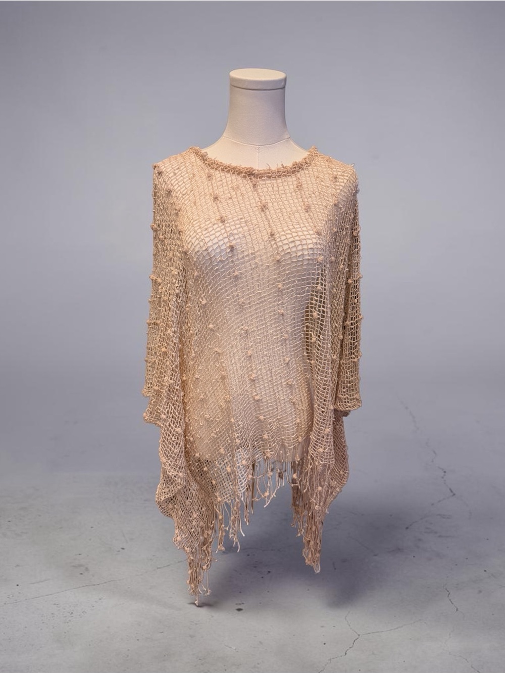 Open-Knit Fringe Poncho Sweater
